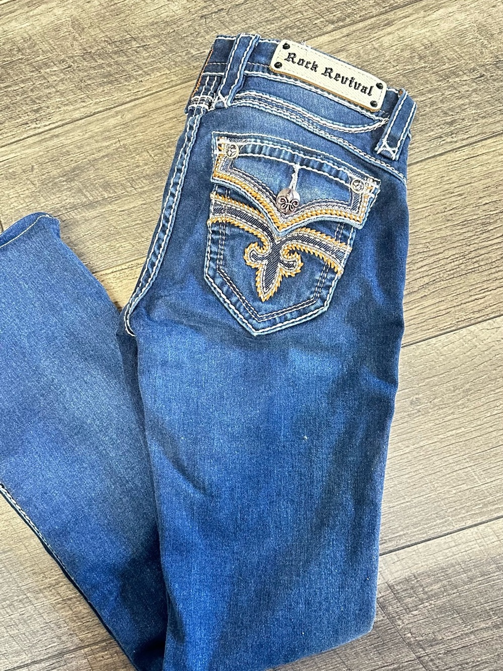 Rock Revival Women's Blue Denim Jeans with Gold Embroidery